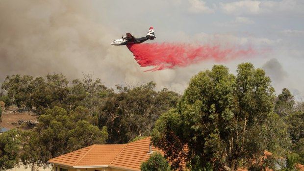 An aerial tanker drops retardant on the fire ground at Shady Hills Estate on Thursday. 