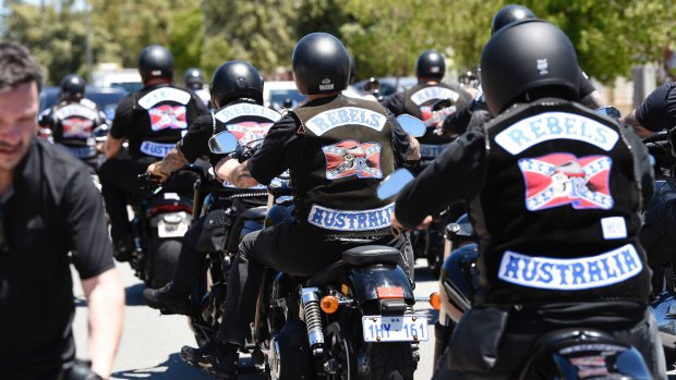 Hundreds of bikies leave the funeral home in North Perth on their way to Pinnaroo Valley Memorial Park.