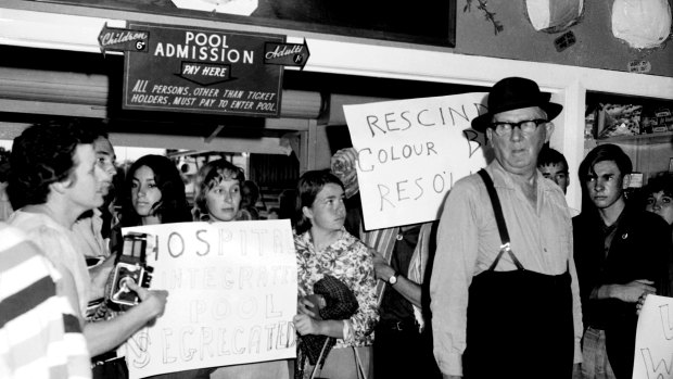 Some of the Freedom Riders at the public swimming pool in Kempsey, NSW, in February 1965.