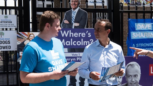 Liberal candidate Dave Sharma campaigns at Waverley Public School. 
