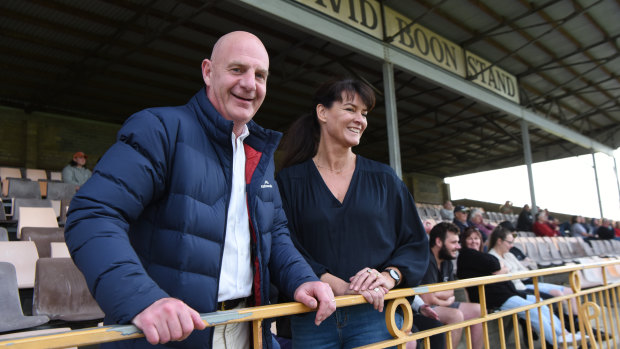 Peter Gutwein watches his son Finn’s football game with wife Amanda at the NTCA Sports Complex in Launceston.