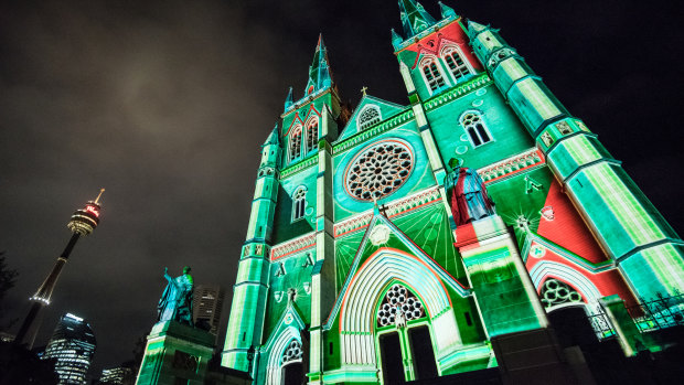 St Mary's Cathedral in Sydney lit up at Christmas.