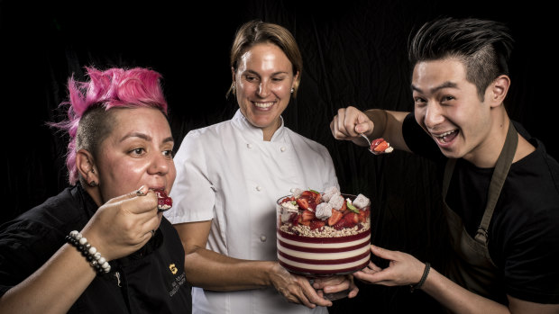 Chef Anna Polyviou's 'Strawberry Pop' trifle includes jelly, rice bubbles, strawberries, vanilla panna cotta and basil.
