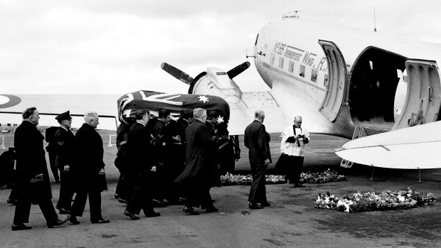 The coffin of Prime Minister Ben Chifley is loaded onto an aircraft in Canberra on 16 June 1951, headed for Bathurst, NSW, for his funeral the following day.