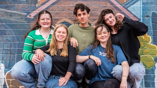 Star performers: Scarlett Saunders (left) with some of her fellow students at Newtown High School of Performing Arts in 2024: Amy Forchert, Alex Wienholt, Frederique Lawrence and Lola Merewether.
