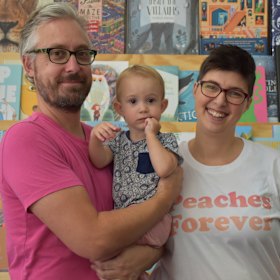 Rabble Books owners Sam Baker and Natalie Latter with daughter Pippin.