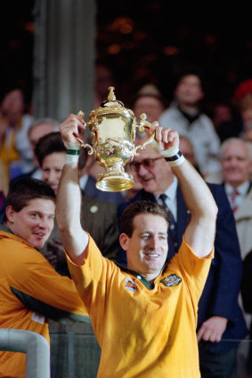David Campese lifts the World Cup after the 1991 Rugby Union World Cup Final against England.