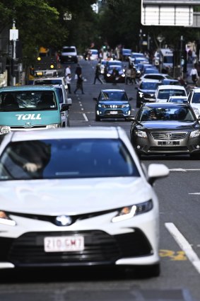 Traffic in the CBD, the area with the best public transport services in Brisbane.