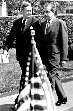 President Nixon Strolls outside the White House today with Australia's Prime Minister John G. Gorton during an official welcoming ceremony. May 6, 1969.