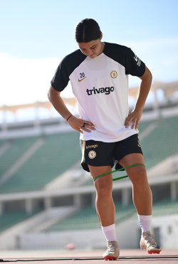 Sam Kerr at a Chelsea training session during the summer camp in Morocco where she ruptured her ACL.