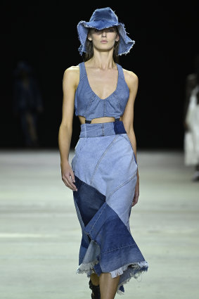 A KitX outfit constructed using denim scraps ushered in designer Kit Willow’s pre-order approach to sales at Australian Fashion Week in June.