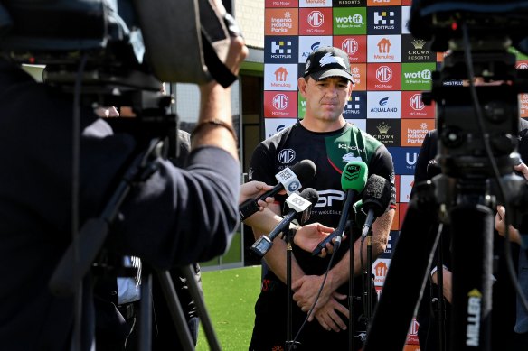 Rabbitohs head coach Jason Demetriou addresses the media during the week.