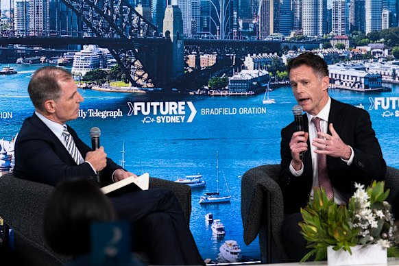 The Daily Telegraph editor Ben English and NSW Premier Chris Minns on a panel in late 2024.