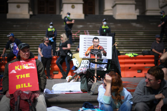 Protesters at Parliament House on Wednesday.