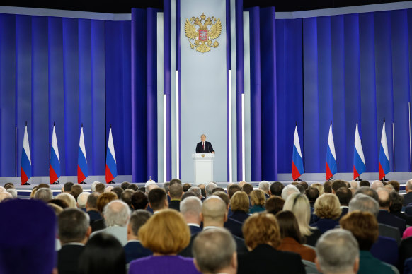 Russian President Vladimir Putin gives his annual state of the nation address in Moscow on Tuesday,