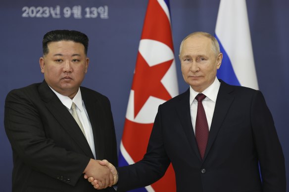 Russian President Vladimir Putin shakes hands with North Korean leader Kim Jong-un in Russia in September.