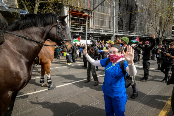 Protesters stand in front of police horses.