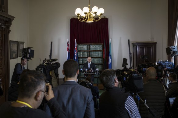 Opposition Leader John Pesutto fronts the media earlier in May over another internal Liberal Party crisis.