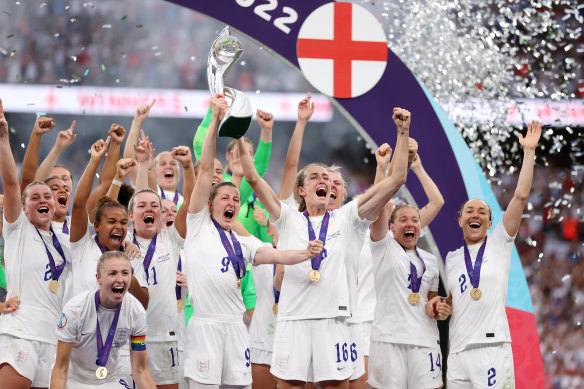 England celebrate after beating Germany at Wembley Stadium in the Women’s Euro 2022 final.