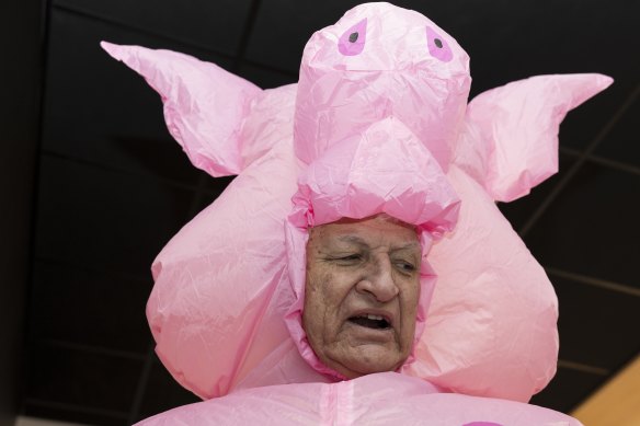 Bob Katter dressed in a pig outfit in February.