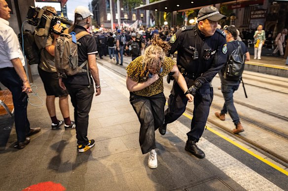 Palestine Action Group members and supporters clash with police near Sydney Town Hall.