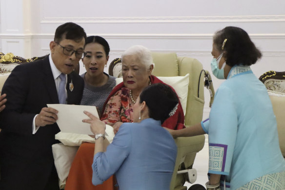 (From left) King Maha Vajiralongkorn, Princess Bajrakitiyabha, Thai Queen Mother Sirikit, Queen Suthida and Princess Maha Chakri Sirindhorn, during a merit making ceremony on the queen mother’s 88th birthday at Chulalongkorn hospital in 2020. 