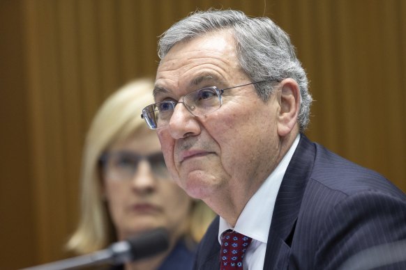 ASIC Deputy Chair Sarah Court and ASIC Chair Joe Longo during a hearing at Parliament House in Canberra on Wednesday.