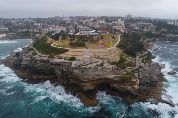 Aerial view of Marks Park, the dress circle vantage point of Sculpture by the Sea at Bondi, and the controversial concrete path.

