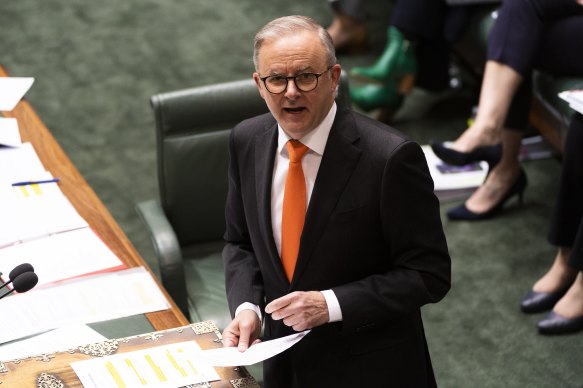 Prime Minister Anthony Albanese  during question time in the House of Representatives at Parliament House in Canberra.