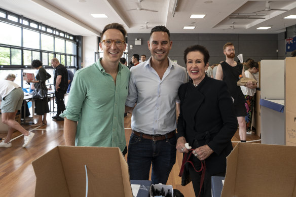 Lord Mayor Clover Moore, right, with Sydney MP Alex Greenwich, middle, and his husband Victor Hoeld.