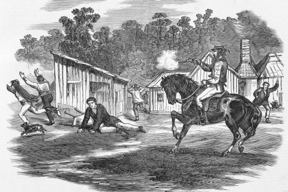 An engraving of Morgan shooting at men from horseback.