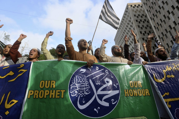 Supporters of a Pakistani religious group chant anti-Indian slogans during a demonstration in Karachi, Pakistan. 