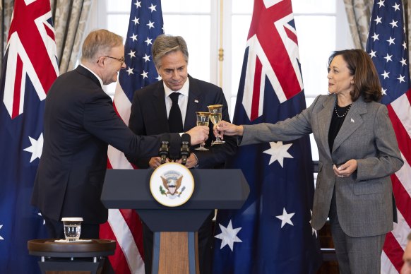 Albanese, US Secretary of State Antony Blinken and Vice President Kamala Harris during a state luncheon.