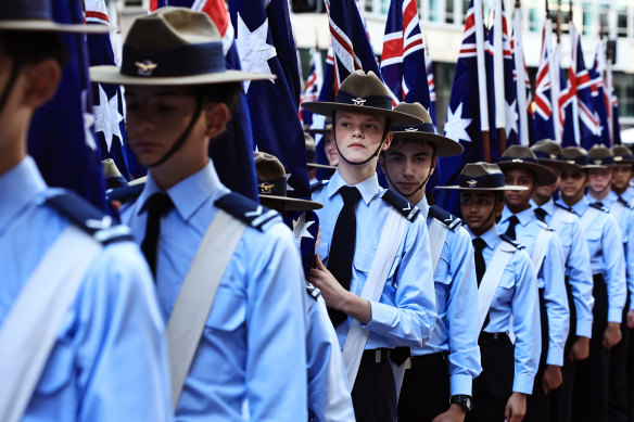 Australian Air Force cadets prepare to march on Anzac Day in Sydney.