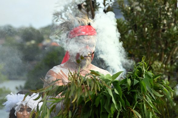 Koomurri-Bujja Bujja dancers during the smoking ceremony at the Wugulora morning ceremony at the Walumi Lawn in Barangaroo on Australia Day.  