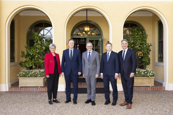Foreign Affairs Minister Penny Wong, Lord David Cameron, UK Secretary of State for Foreign Affairs, Prime Minister Anthony Albanese, Grant Shapps, UK Secretary of State for Defence and Minister for Defence Richard Marles, pose for photos ahead of a reception at The Lodge.