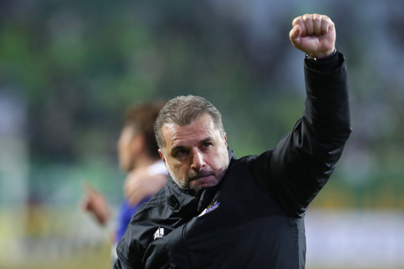 Ange Postecoglou celebrates after a Yokohama F. Marinos win.