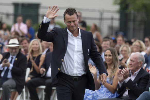 Lleyton Hewitt acknowledges the crowd at his induction ceremony.
