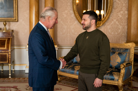 King Charles III greets Ukrainian President Volodymyr Zelenskyy at Buckingham Palace on Wednesday during his first visit to the UK since the Russian invasion of Ukraine.