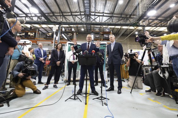 Labor leader Anthony Albanese on the campaign trail at Tritium a month before the 2022 federal election. 