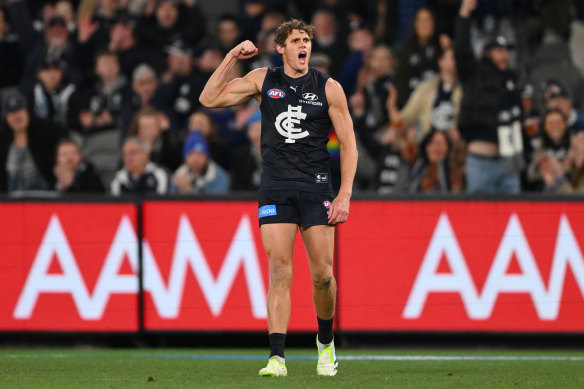 Charlie Curnow celebrates a goal in Carlton’s win over Port.