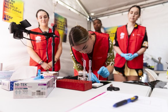 Inside the NSW government’s pill testing trial site at the Yours & Owls Festival in Wollongong.
