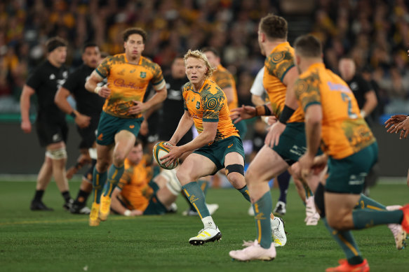 Carter Gordon directs play for the Wallabies against the All Blacks at the MCG last July.