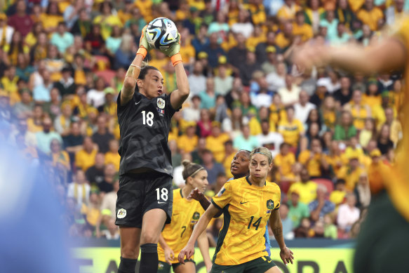 Australia’s goalkeeper Mackenzie Arnold makes a save during the Women’s World Cup quarter-final between Australia and France in Brisbane.