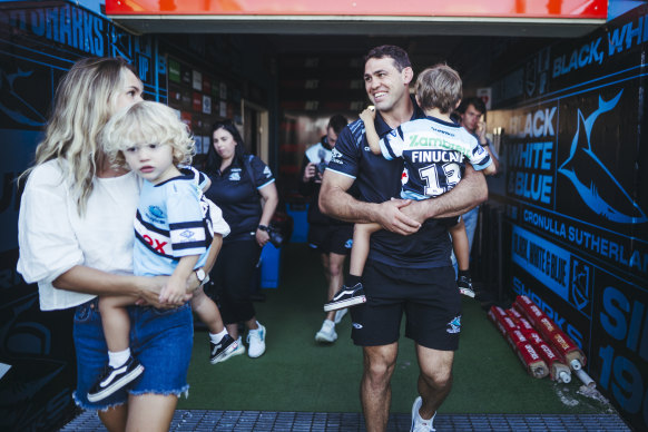 Sharks co-captain Dale Finucane with partner Madelyn Kennedy and children Tommy 2 and Freddy 4 announces he’s retiring from NRL football due to concussions at 32.