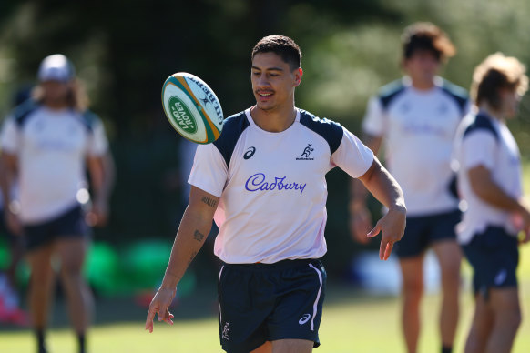 Lalakai Foketi training with the Wallabies on the Gold Coast.