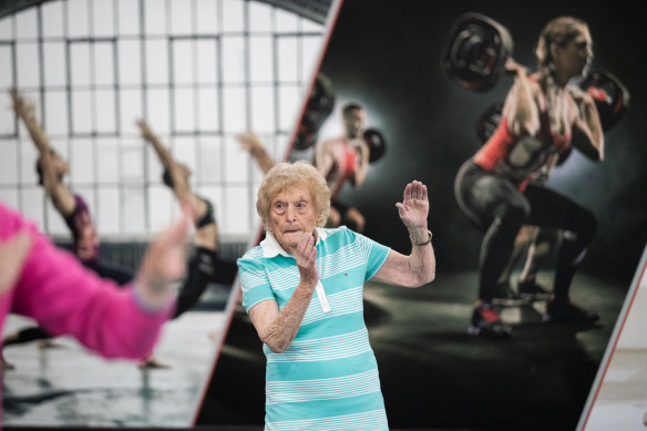 Edna Sheppard, 100, works out at the Broadmeadows Aquatic and Leisure Centre.