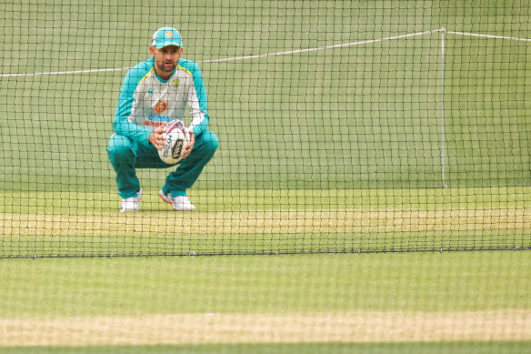 Nathan Lyon during a net session on Saturday. 