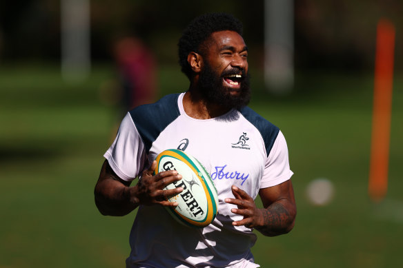 All smiles ... a laughing Marika Koroibete at Wallabies training.