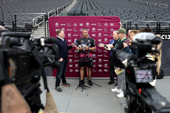 Sea Eagles coach Anthony Seibold talks to the media before his side’s captain’s run at Allegiant Stadium.